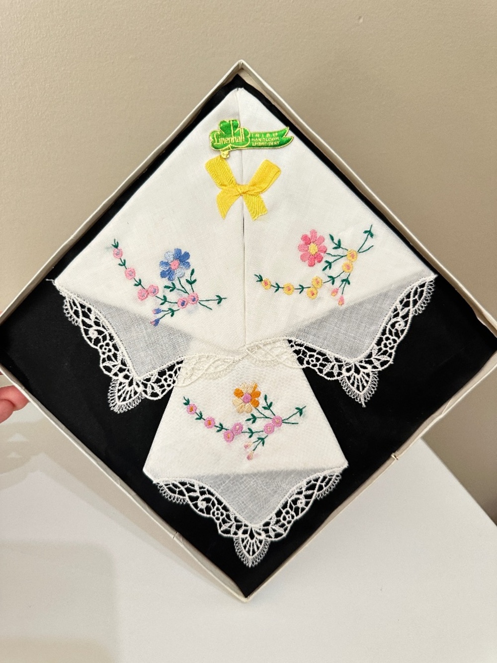 Vintage Irish Floral Embroidered Cotton Handkerchiefs Set of 3 (3 Pieces)